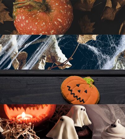 collage of traditional Halloween pumpkin, spiderweb, dry leaves and ghostsの写真素材