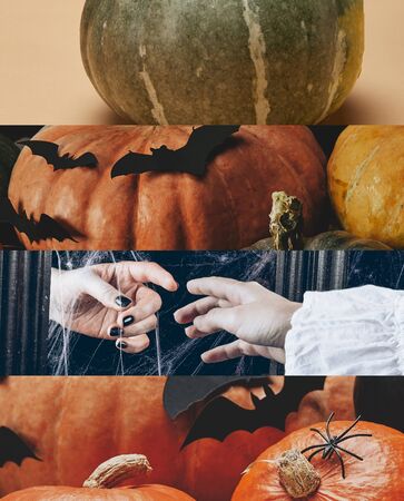 collage of traditional Halloween pumpkins with decorative bats and people handsの写真素材