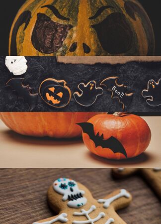 collage of traditional Halloween pumpkins and cookiesの写真素材