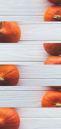 collage of ripe orange natural pumpkin on white wooden surfaceの写真素材