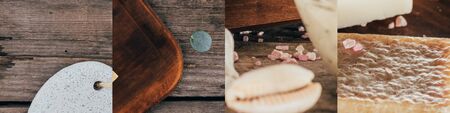 collage of natural soap, bath salt and seashell on wooden brown background