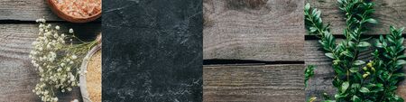 collage of organic bath salt, green plant, wooden and stone texture
