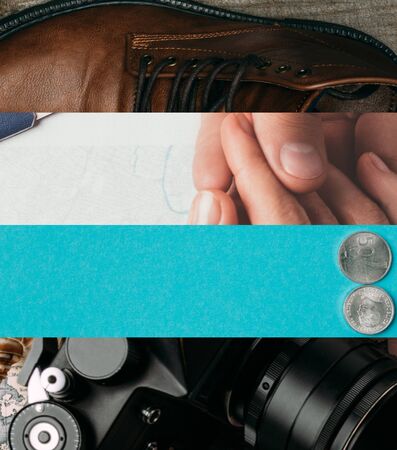 collage of leather boots, hands, coins and digital camera, travel conceptの写真素材