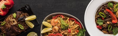top view of meat thai noodles on wooden grey surface, panoramic shot