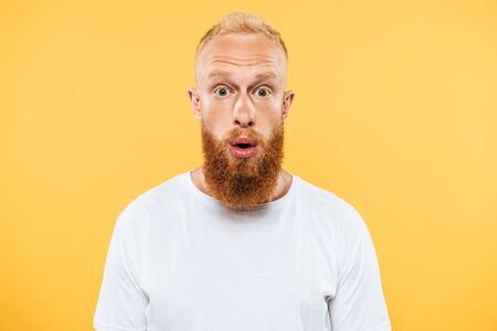 portrait of surprised handsome bearded man looking at camera, isolated on yellowの写真素材