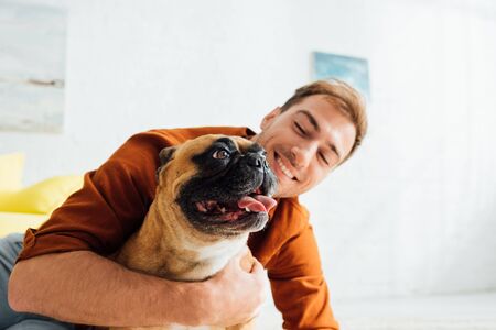 Happy man hugging french bulldog in living roomの写真素材