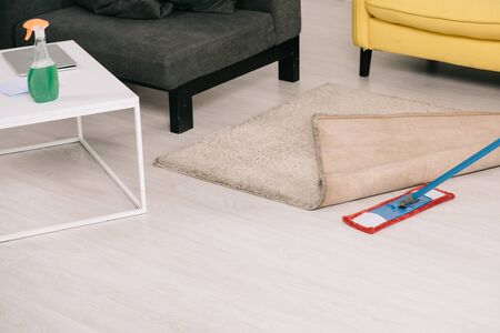 living room with yellow and grey sofas, desk with spray bottle and mop near carpet on floorの写真素材