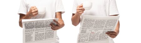 partial view of two kids reading newspapers while holding cups of coffee isolated on white, panoramic shotの写真素材