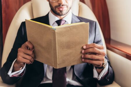 cropped view of businessman in suit reading book in private planeの写真素材