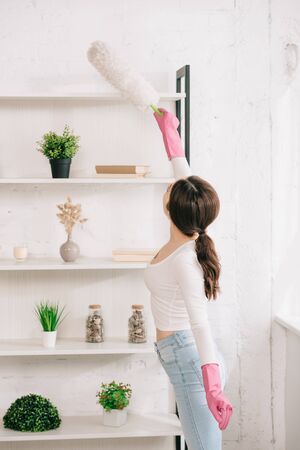 young housewife cleaning rack with white dusting brushの写真素材