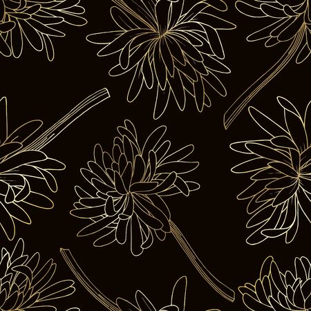Vector Chrysanthemum floral botanical flower. Wild spring leaf wildflower isolated. Black and white engraved ink art. Seamless background pattern. Fabric wallpaper print texture.のイラスト素材