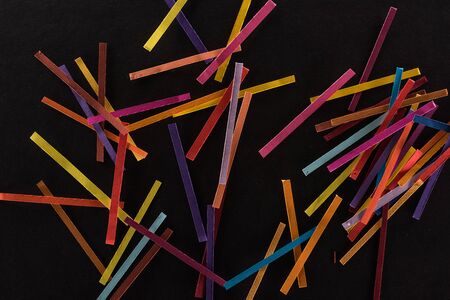 top view of multicolored abstract lines isolated on black background, connection and communication...