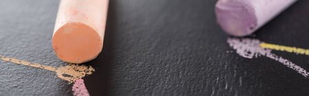 colorful chalk on black surface with drawn lines, connection conceptの写真素材