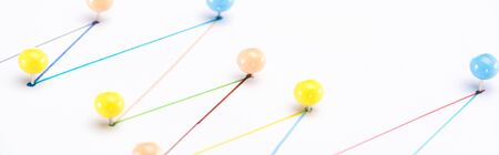 close up view of colorful connected drawn lines with pins, connection conceptの写真素材