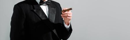 panoramic shot of man in suit holding cigar isolated on grey