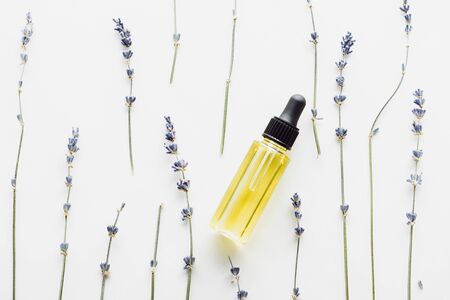 top view of dry lavender twigs with flowers and bottle with natural oil on white backgroundの写真素材