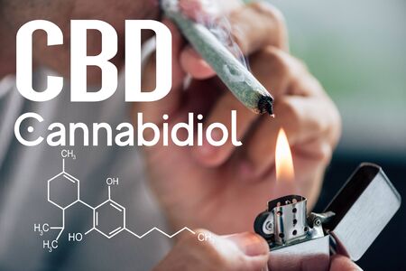 cropped view of man lighting up blunt with medical cannabis near cbd molecule illustrationの写真素材