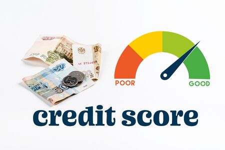 russian money on white background with credit score illustrationの写真素材