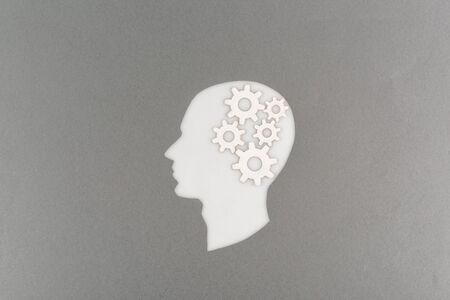 top view of cut out white human head with gears isolated on greyの写真素材