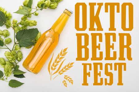 top view of beer in bottle with green blooming hop on white background with Oktoberfest letteringの写真素材