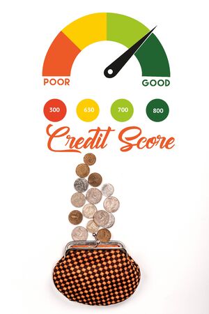 top view of plaid purse near scattered coins on white background with credit score illustrationの写真素材