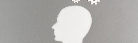top view of cut out white human head with gears isolated on grey, panoramic shot