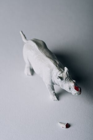 Top view of horn with blood and toy rhinoceros on grey background, hunting for horn conceptの写真素材