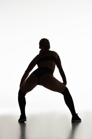 back view of silhouette of sexy girl twerking on floor isolated on whiteの写真素材