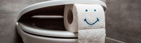 close up view of ceramic clean toilet bowl and toilet paper with smiley face in modern restroom , panoramic shotの写真素材