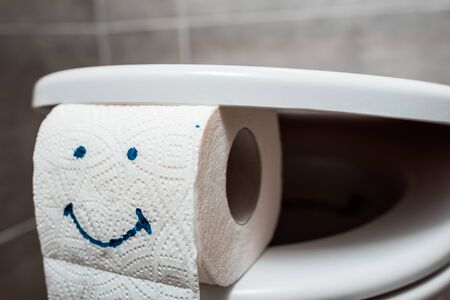 close up view of ceramic clean toilet bowl and toilet paper with smiley face in modern restroom 