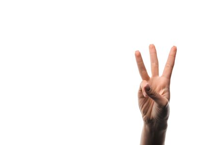 cropped view of woman showing three fingers isolated on white 