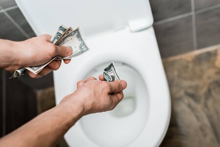 cropped view of man throwing dollar banknotes in toilet bowl