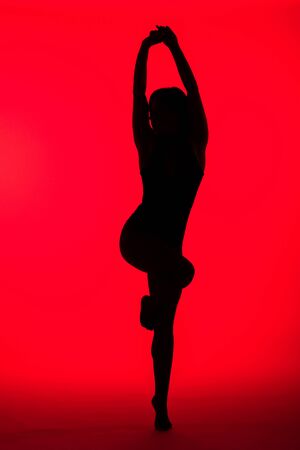 black silhouette of sensual girl on redの写真素材