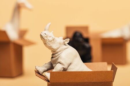 Selective focus of rhinoceros and toy animals in cardboard boxes on yellow background, animal welfare conceptの写真素材
