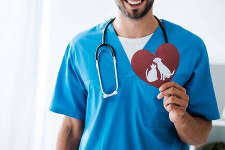 cropped view of smiling veterinarian showing paper cut heart with dog and cat symbolsの写真素材