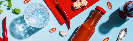Top view of tomato sauce, chili peppers and garlic beside glass of water on blue surface, panoramic shotの写真素材