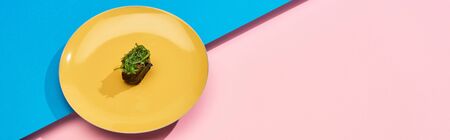 fresh nigiri with seaweed on blue, pink surface, panoramic shotの写真素材