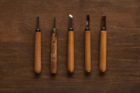 top view of carpentry tools on wooden tableの写真素材