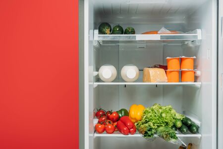 open fridge full of fresh food on shelves isolated on redの写真素材
