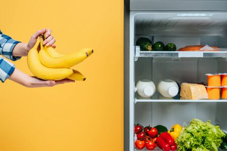 cropped view of woman holding bananas near open fridge with fresh food on shelves isolated on yellow の写真素材