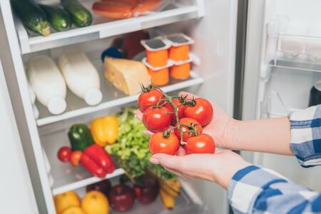 cropped view of woman holding tomatoes near open fridge with fresh food on shelvesの写真素材