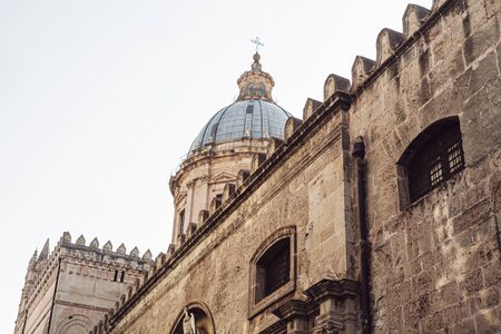 PALERMO, ITALY - OCTOBER 3, 2019: low angle view of ancient cathedral of palermo against blue skyのeditorial素材