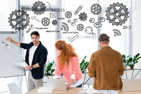 businesspeople looking at friend showing paper with charts and graphs with business icons...