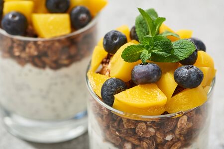 close up view of tasty granola with canned peach, blueberries and mintの写真素材