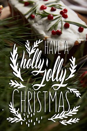 selective focus of traditional Christmas cake with cranberry near pine branch with have a holly jolly Christmas illustrationの写真素材