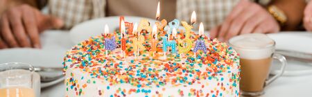 cropped view of man sitting near birthday cake with colorful burning candles, panoramic shot