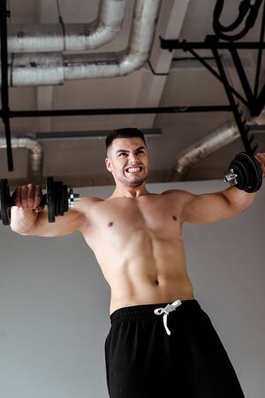 low angle view of sexy muscular bodybuilder with bare torso exercising with dumbbells