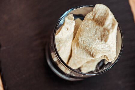 top view of sweet and white chocolate in glassの写真素材