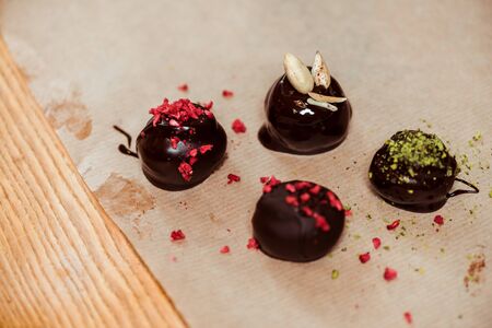 close up of tasty and fresh made chocolate balls