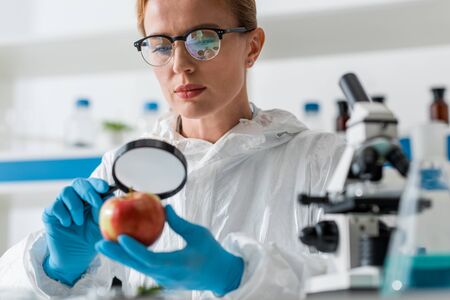Selective focus of biologist looking at apple with magnifying glass